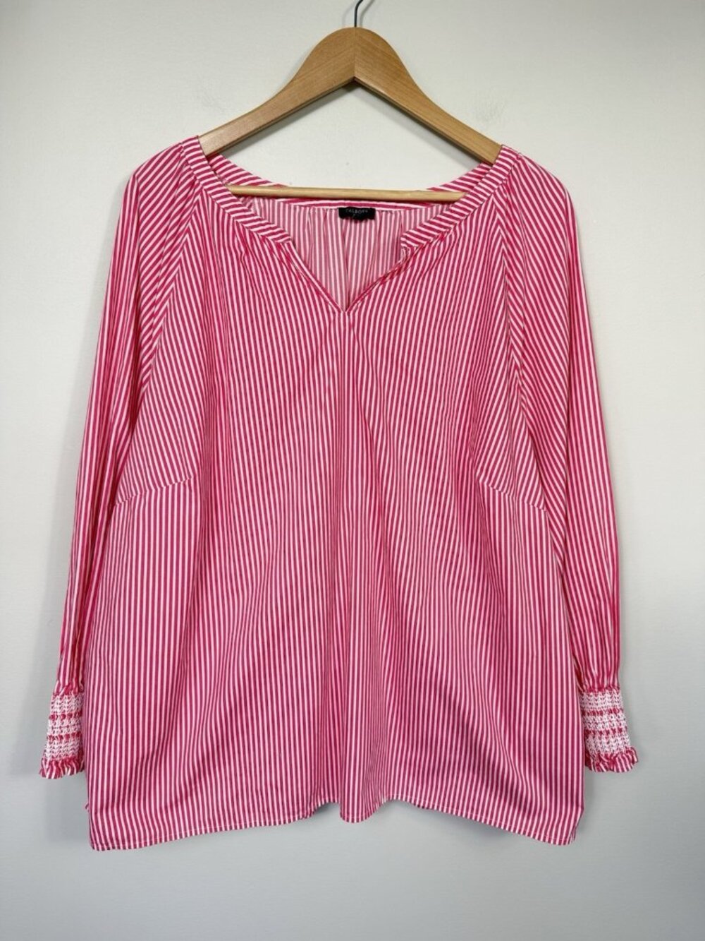 Talbots Blouse Womens 3X Pink White Stripe Cotton Long Sleeve Top Preppy